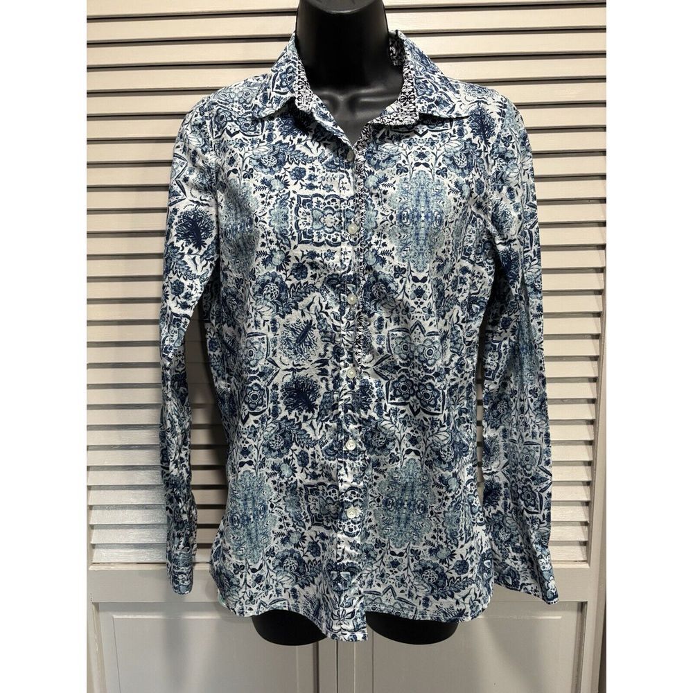 Joe Fresh Blue/White Floral Button Up Long Sleeve Shirt Size XS Cotton